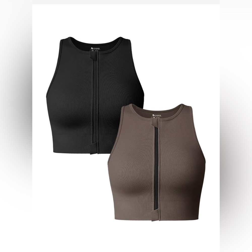 OQQ Women's 2 Piece Tank Tops Ribbed Crew Neck Zip Fashion Basic Stretch